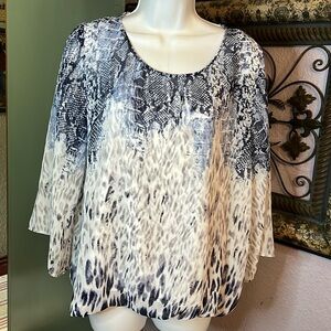 EUC Alfani Blouse-Snakeskin print chiffon  Blue/White- bell sleeve size Sz PL